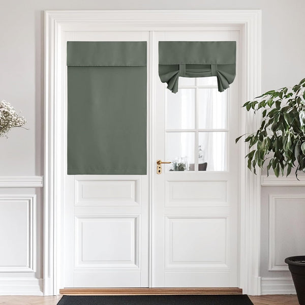 Sage green opaque full panel and tie-up door window shades on white double door, offering privacy.