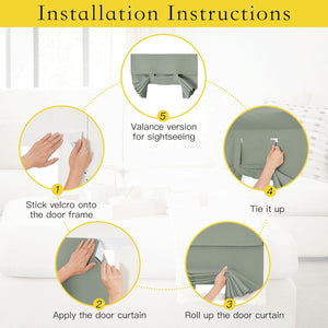 Visual instructions for installing a sage green roll-up door curtain with velcro and tie-up feature.