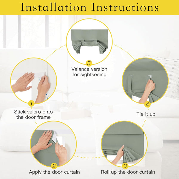 Visual instructions for installing a sage green roll-up door curtain with velcro and tie-up feature.
