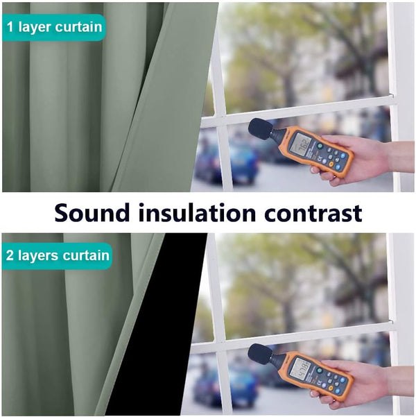 Sage green double layer blackout curtains demonstrating sound insulation, reducing noise.