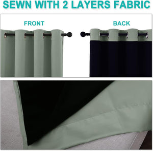 Sage green dual layer blackout curtain with grommet top, showing front and dark back.
