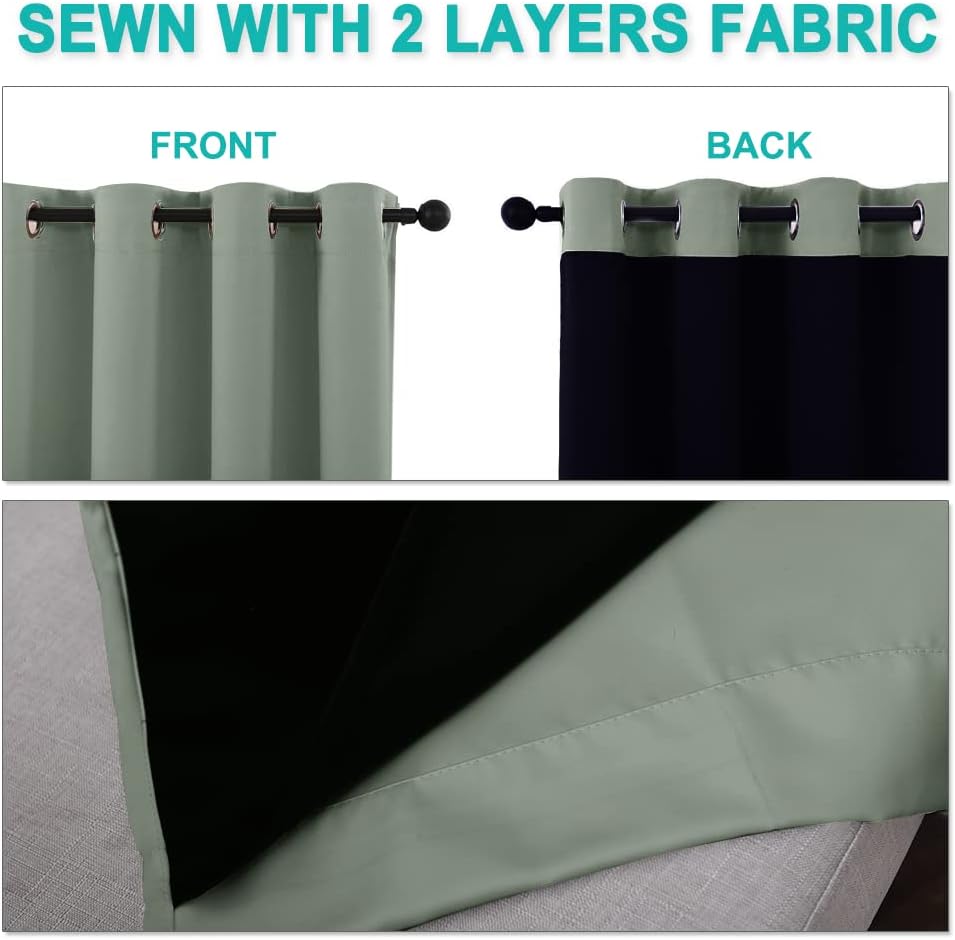 Sage green dual layer blackout curtain with grommet top, showing front and dark back.