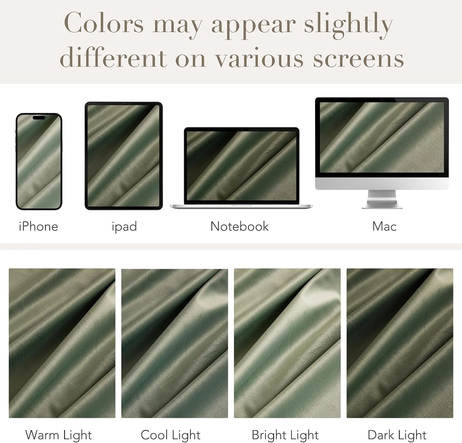 Sage green fabric color appearance chart shown across phone, tablet, laptop and desktop screens