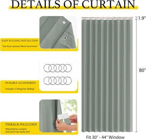 Sage green fabric curtain featuring rust-resistant metal grommets, 12 hanging rings, and an attached tieback. Measures 80 inches long.