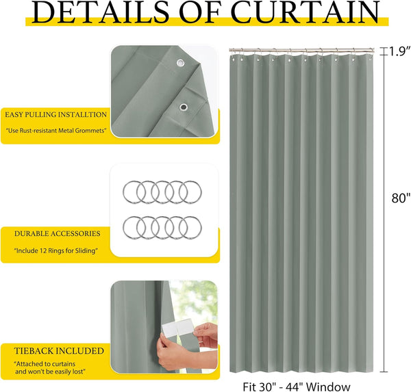 Sage green fabric curtain featuring rust-resistant metal grommets, 12 hanging rings, and an attached tieback. Measures 80 inches long.