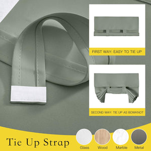 Close-up of sage green fabric tie-up curtain strap, showing simple roll-up and decorative bowknot styles.