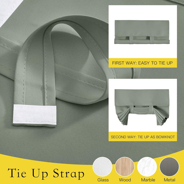 Close-up of sage green fabric tie-up curtain strap, showing simple roll-up and decorative bowknot styles.
