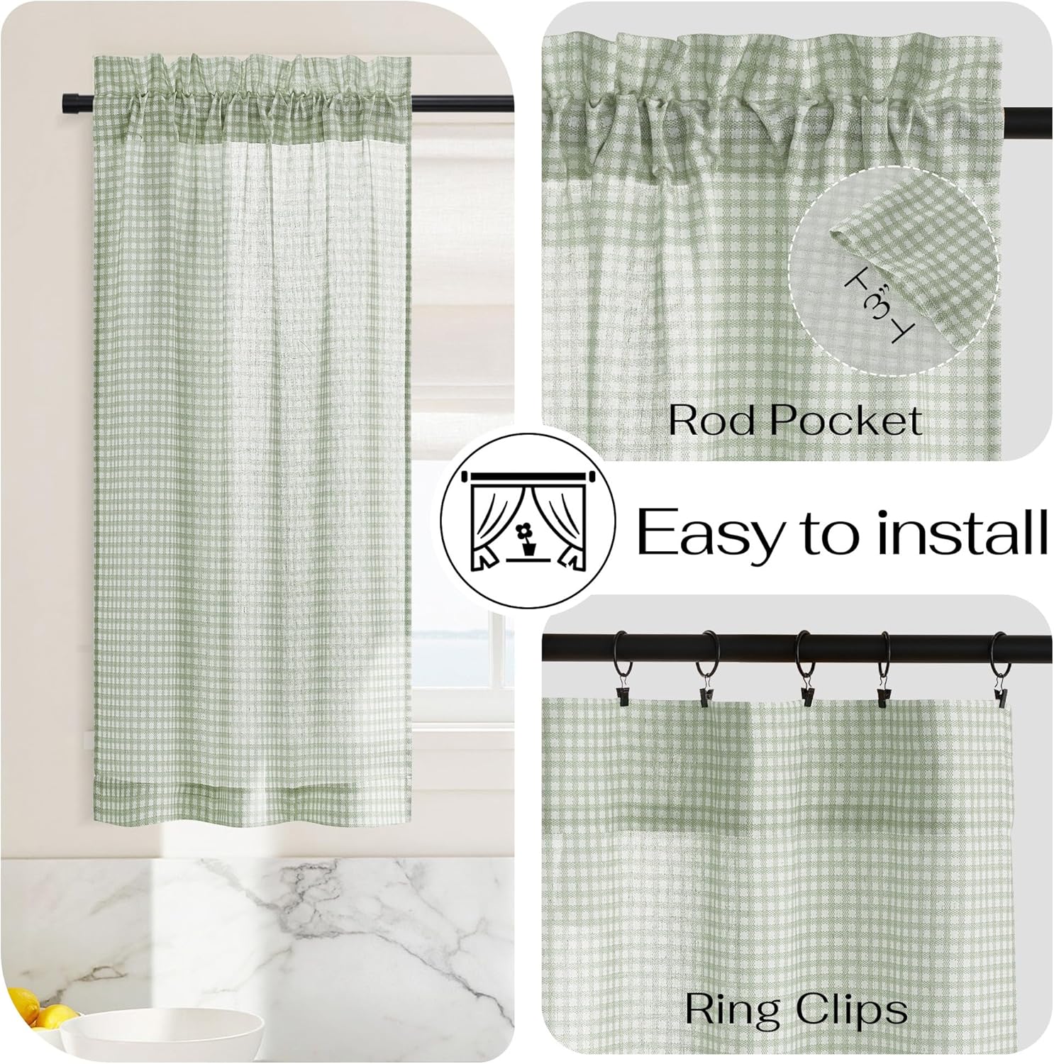 Sage green and white gingham plaid cafe curtain with a rod pocket top, hanging above a kitchen counter.