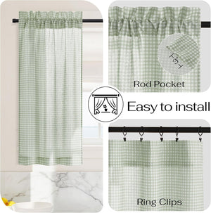 Sage green and white gingham checkered kitchen curtain with rod pocket top.