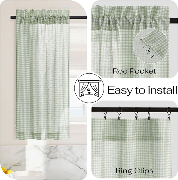 Sage green and white gingham checkered kitchen curtain with rod pocket top.