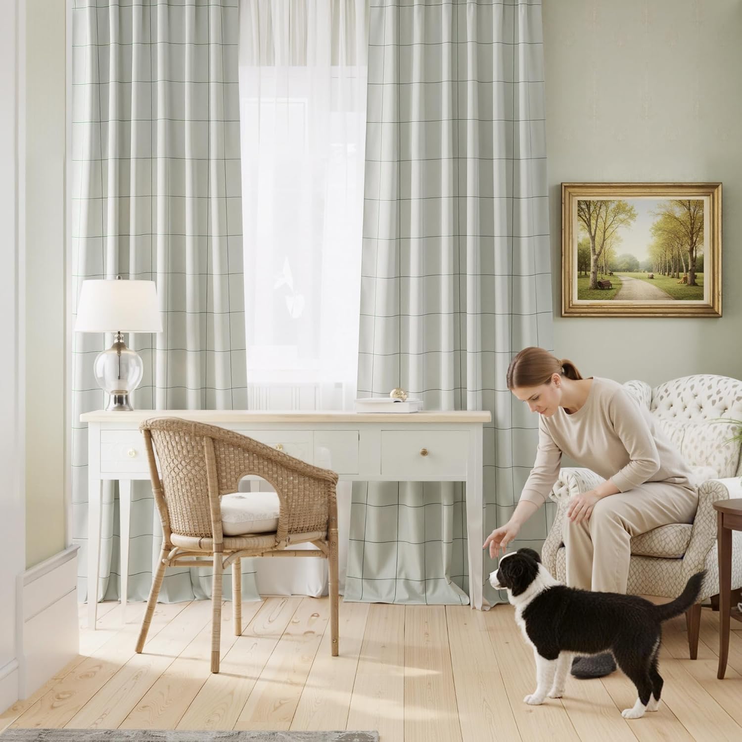 Sage green window curtains featuring a delicate black grid pattern, complemented by sheer drapes, in a cozy room.