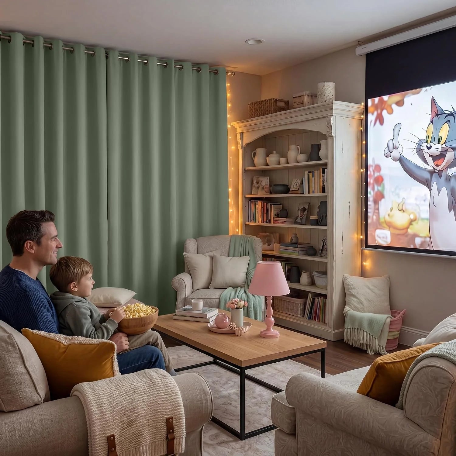 Father and son enjoying a home cinema in a cozy living room with sage green grommet curtains.