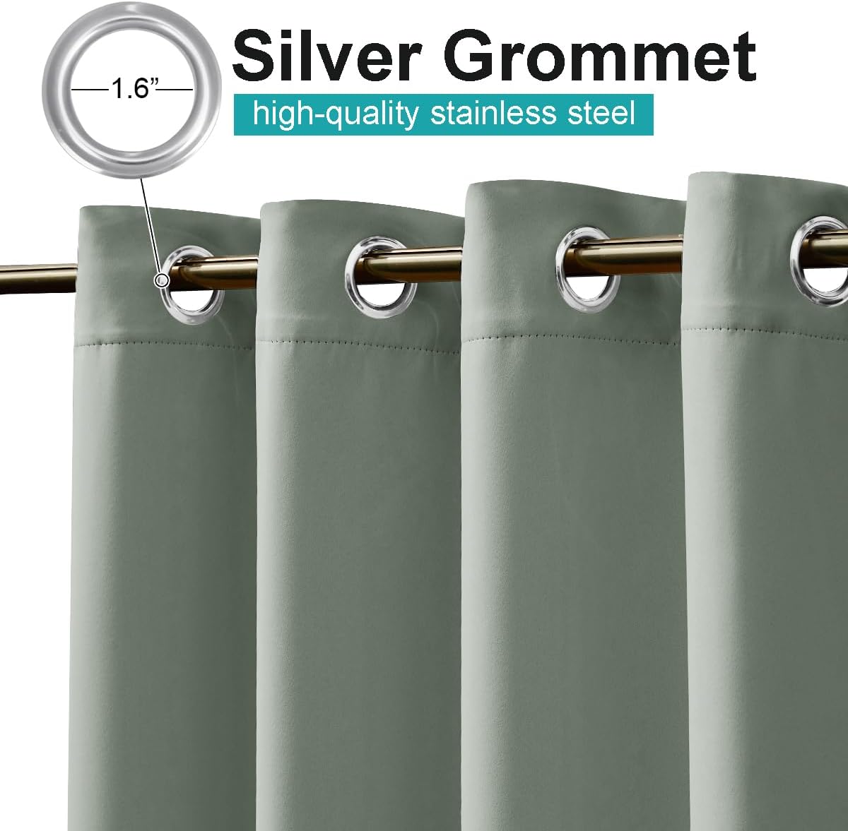 Sage green blackout curtains with 1.6-inch silver stainless steel grommets on a gold rod.