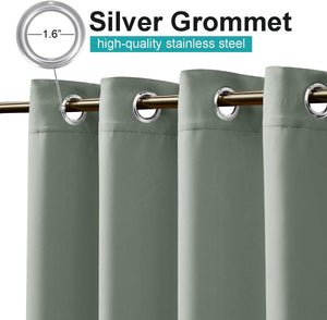 Sage green blackout curtains with 1.6-inch silver stainless steel grommets on a gold rod.