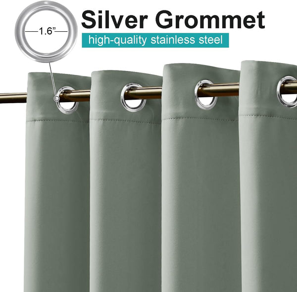 Sage green blackout curtains with 1.6-inch silver stainless steel grommets on a gold rod.