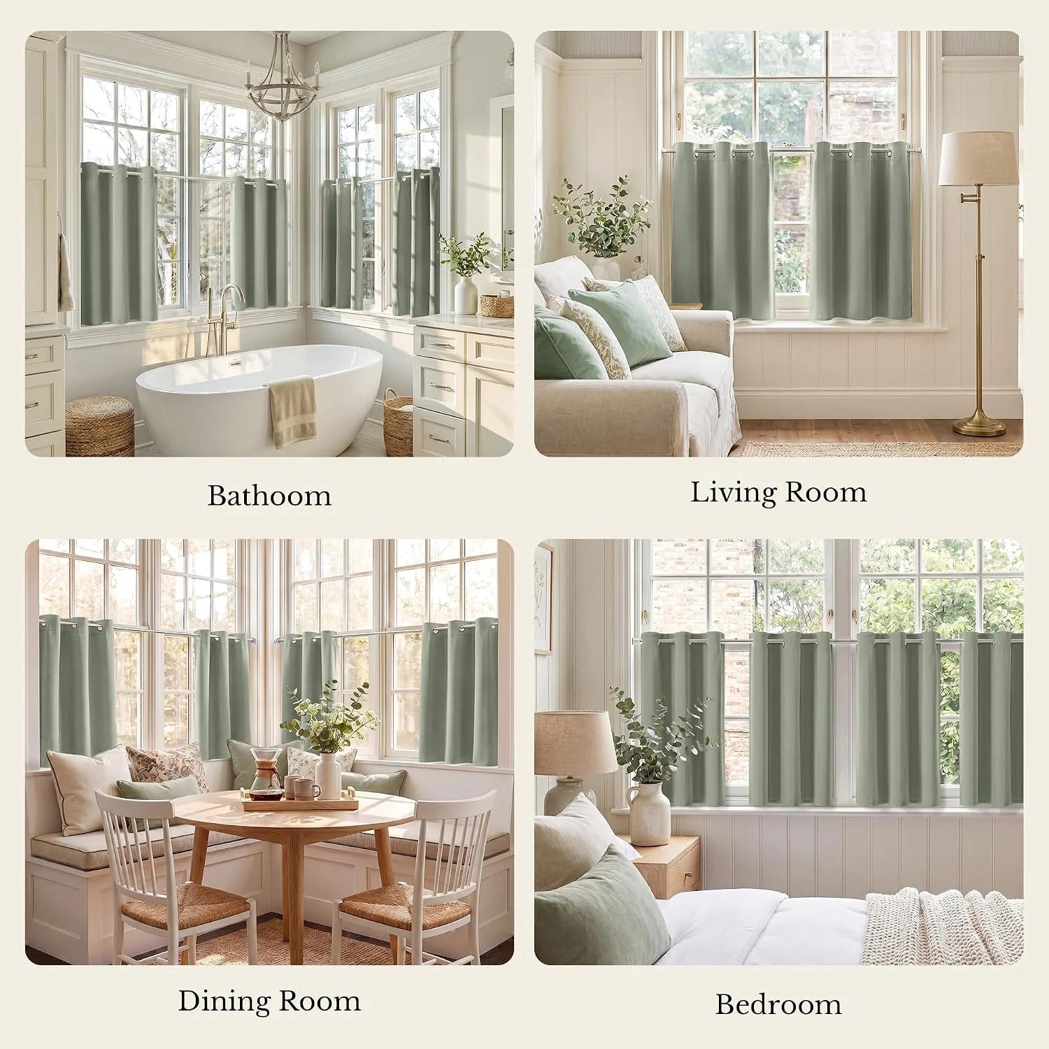 Short sage green grommet top curtains showcasing versatility in bathroom, living room, dining, and bedroom spaces.