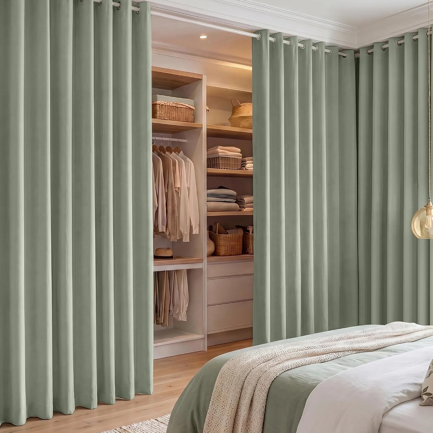 Sage green grommet curtains used as closet doors in modern bedroom