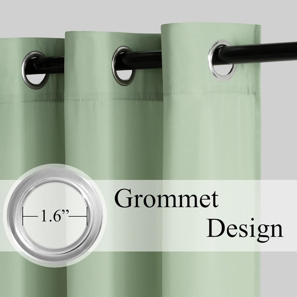 Close-up of sage green curtain panels with 1.6 inch silver grommet design on a black rod.