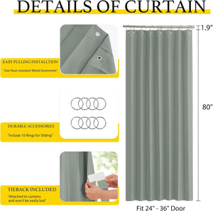 Sage green door curtain with metal grommets, 10 sliding rings, and attached tieback. 80 inches long.