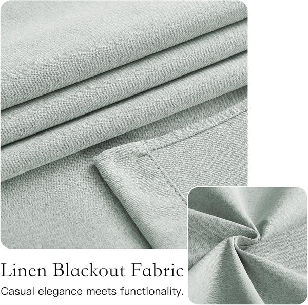 Light sage green linen blackout fabric swatch, showing textured weave, soft folds, and neat hem.