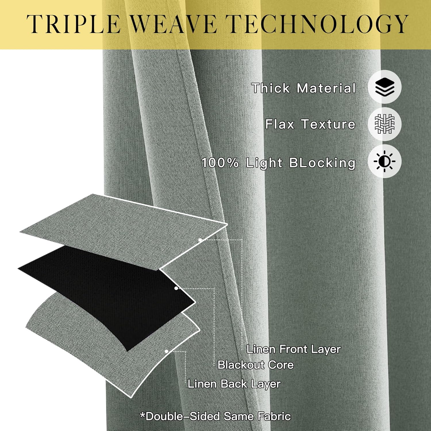 Sage green linen textured blackout curtain with visible triple weave construction and light blocking core.