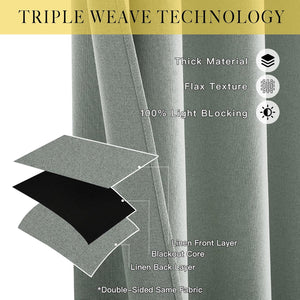 Sage green linen textured blackout curtain with visible triple weave construction and light blocking core.