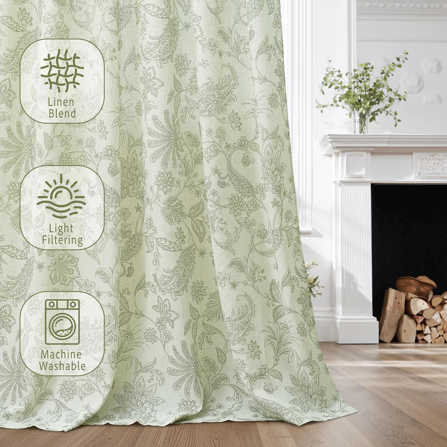 Light green linen blend light filtering curtain with floral paisley pattern, shown in a living room.