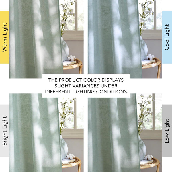 Soft sage green linen blend light filtering curtains with a textured weave, hanging by a window.