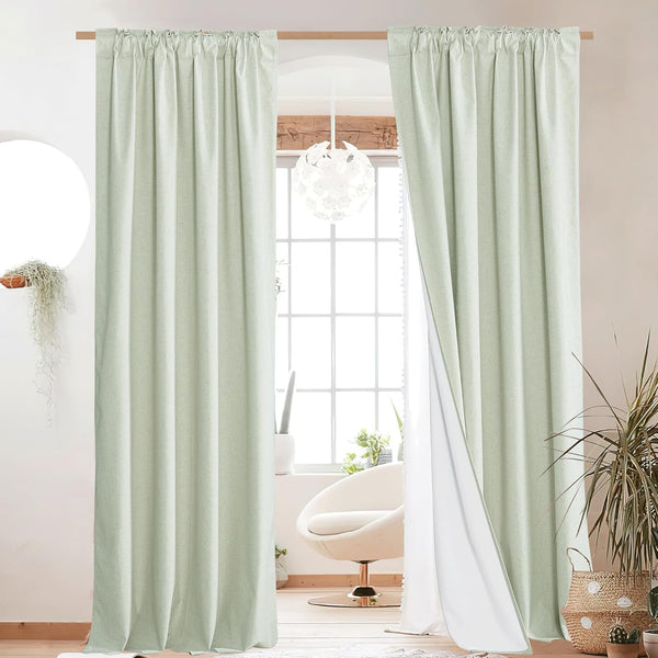 Sage green linen-blend curtains with gathered rod pocket top and visible white lining.