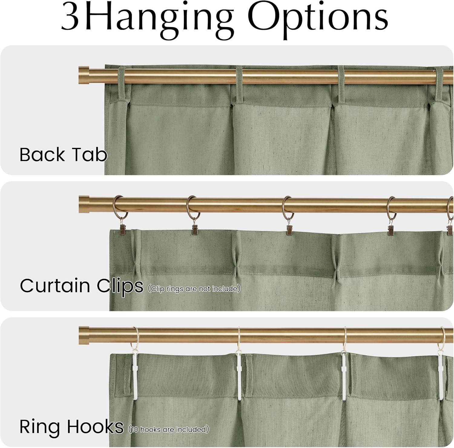 Sage green linen curtains demonstrating back tab, curtain clips, and ring hook hanging styles.