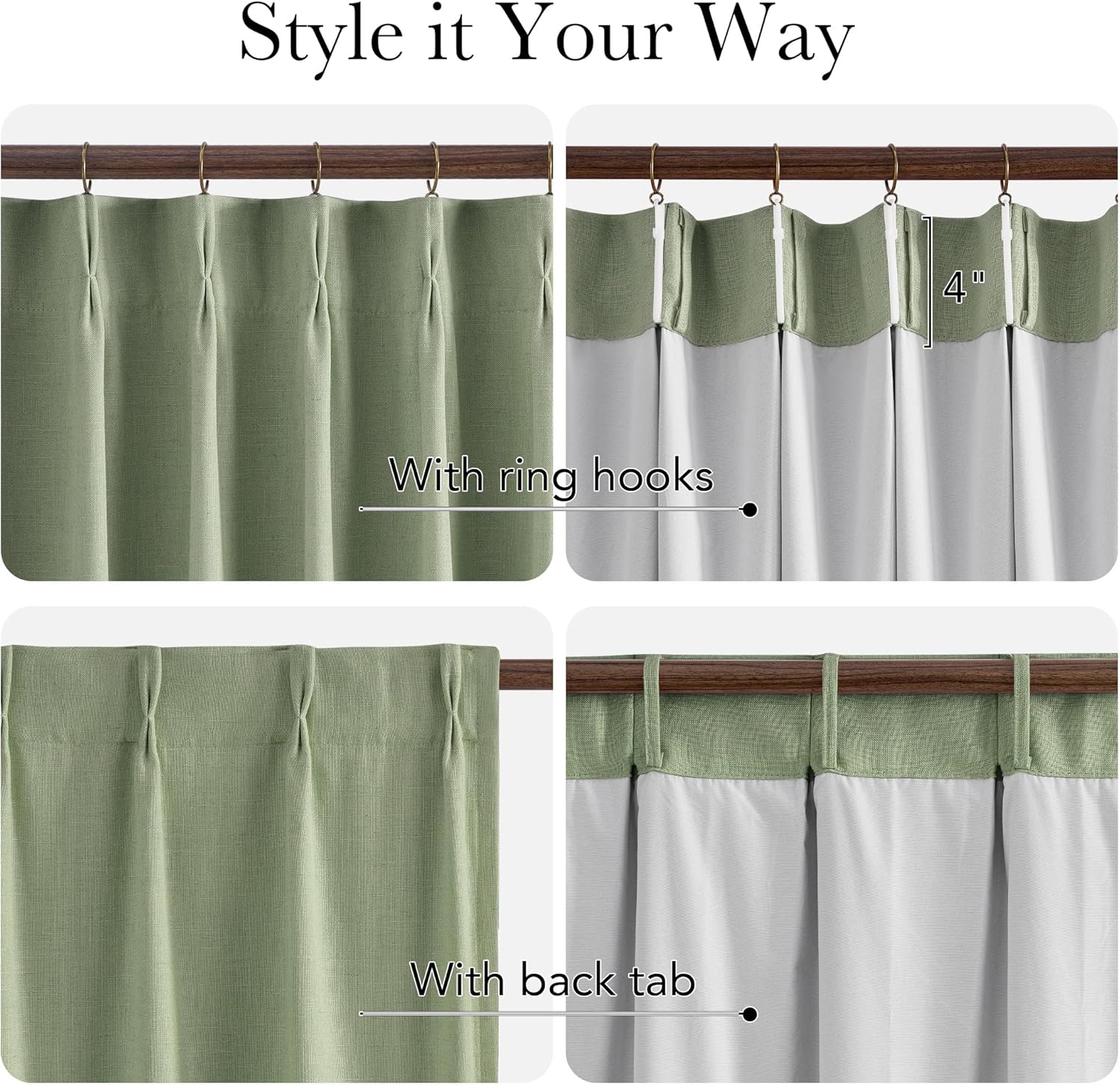 Sage green linen curtains, pleated top, with ring hooks and back tab hanging methods. White lining.