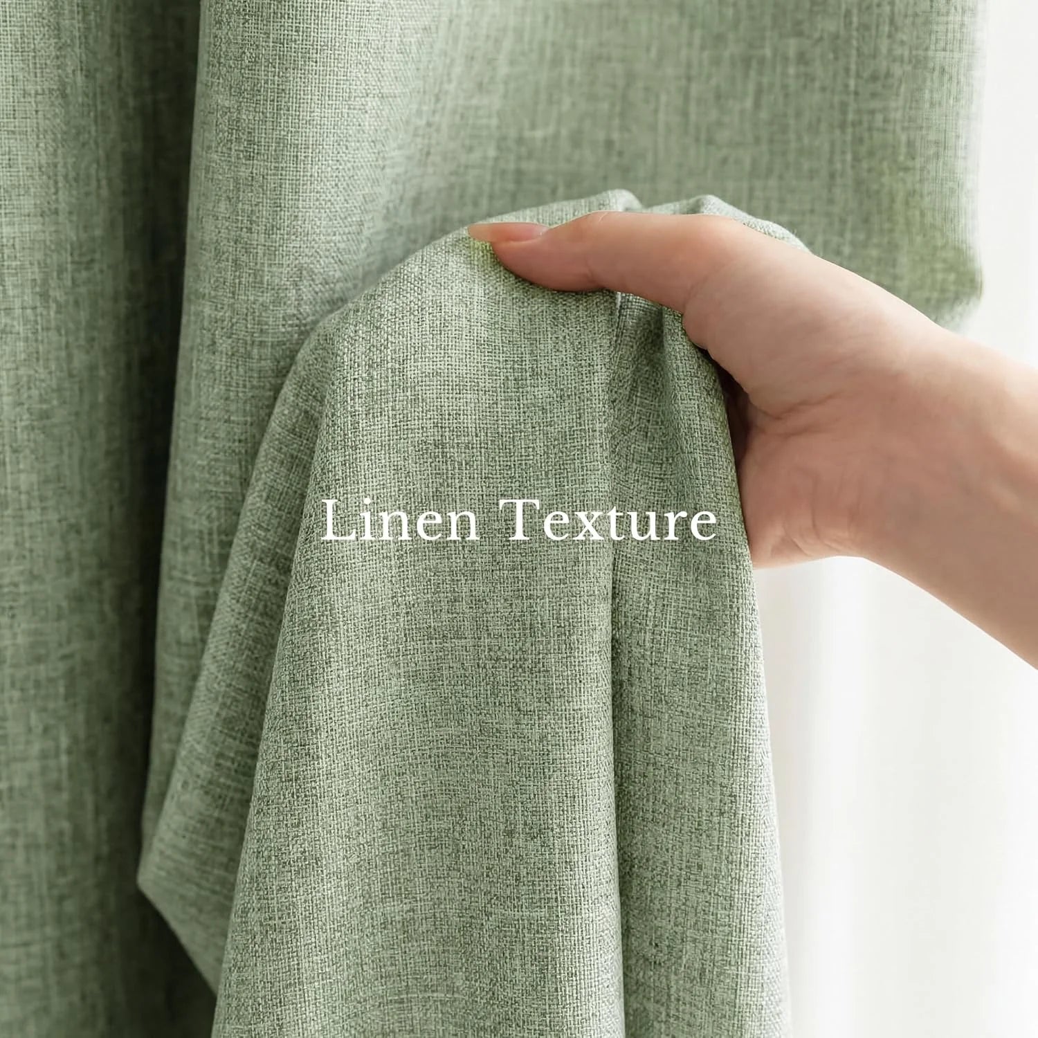 Hand holds sage green linen-look fabric, showcasing its natural woven texture.