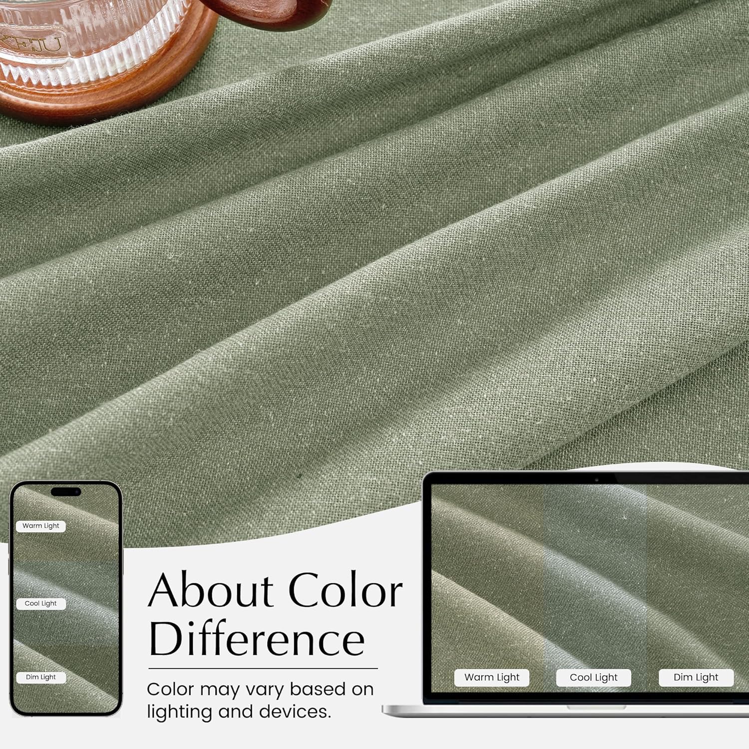 Close-up of sage green, textured linen-look fabric with visible natural weave and soft folds.
