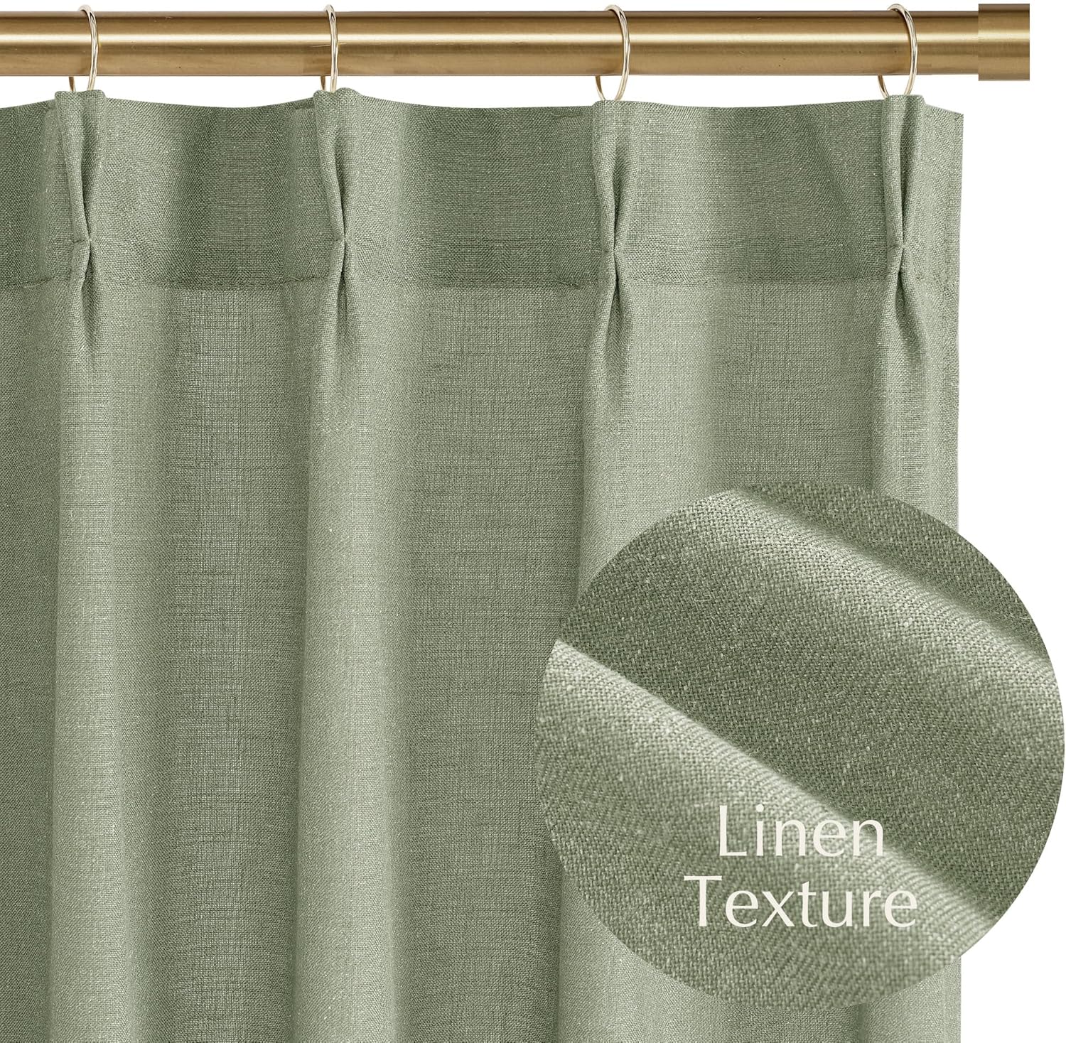 Sage green linen textured curtain panel with pinch pleat heading, hung from a golden rod.