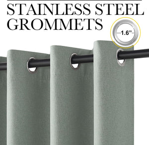 Sage green linen-textured curtains with 1.6 inch stainless steel grommets on a black rod.