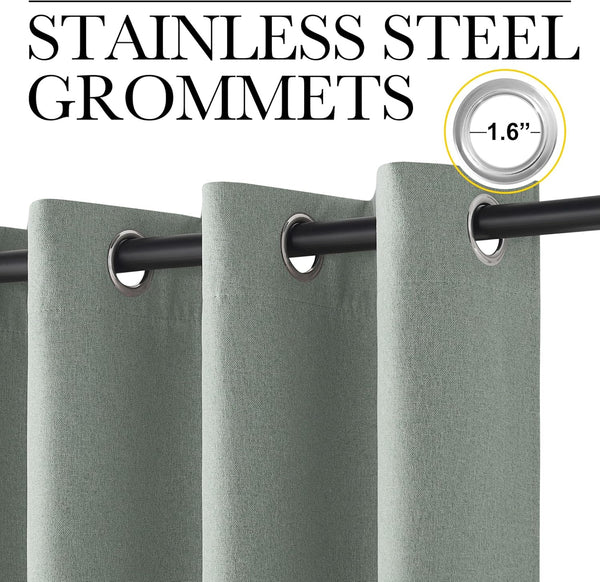 Sage green linen-textured curtains with 1.6 inch stainless steel grommets on a black rod.