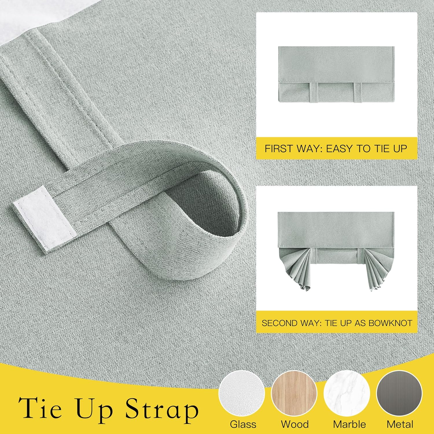 Sage green linen textured tie-up window shade with hook-and-loop strap, displayed rolled and as a bowknot.