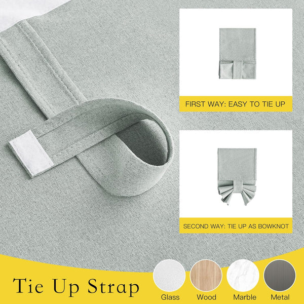 Sage green linen-look tie-up strap with white velcro closure. Shows two styles: a simple fold and a decorative bowknot.