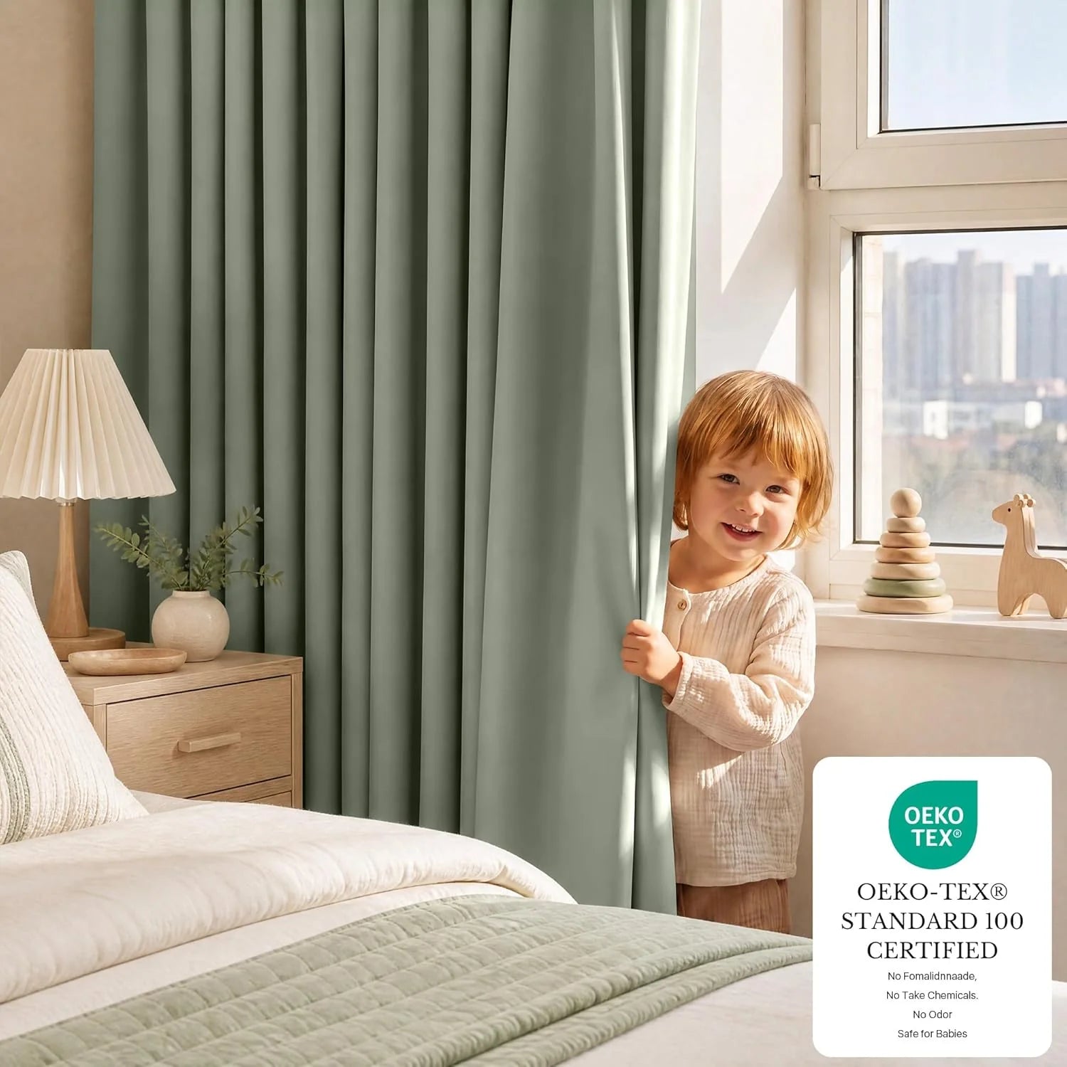 Happy child with red hair peeks from smooth sage green blackout curtain in a bright, modern nursery.