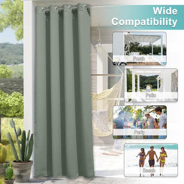 Thick sage green outdoor grommet curtain panel hanging on a patio for shade and privacy.