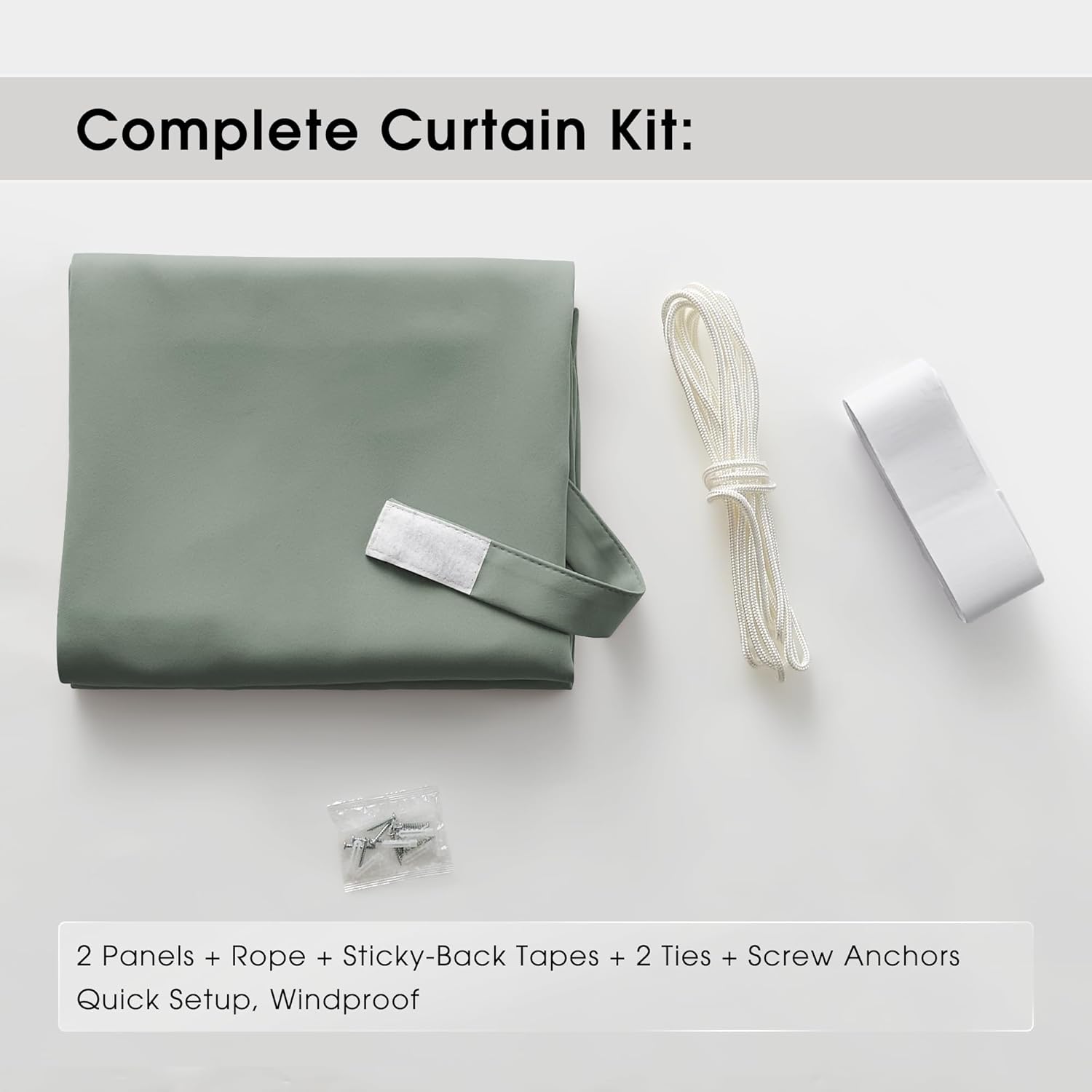 Complete sage green windproof outdoor curtain kit with folded panels, rope, tape, and mounting hardware.