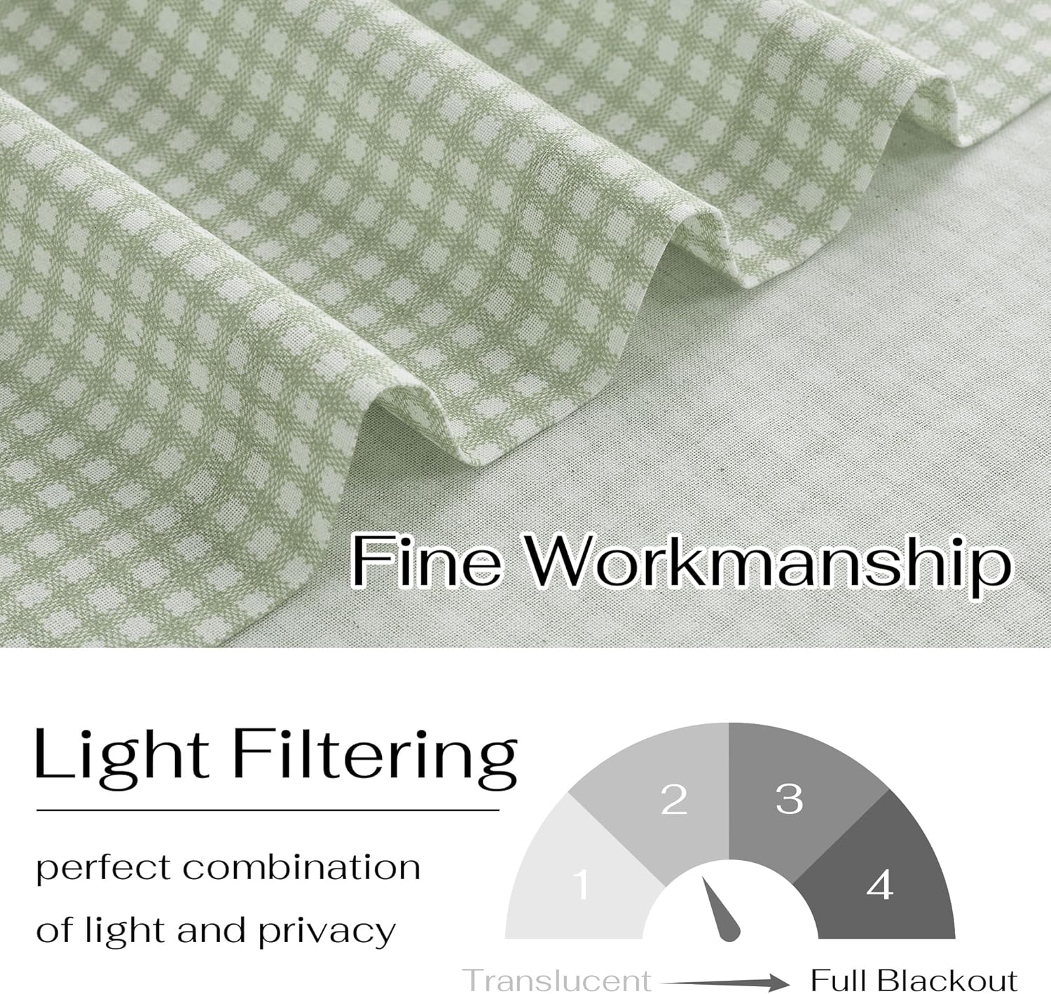 Sage green curtain fabric featuring a small white checkered pattern, showcasing its light filtering quality.