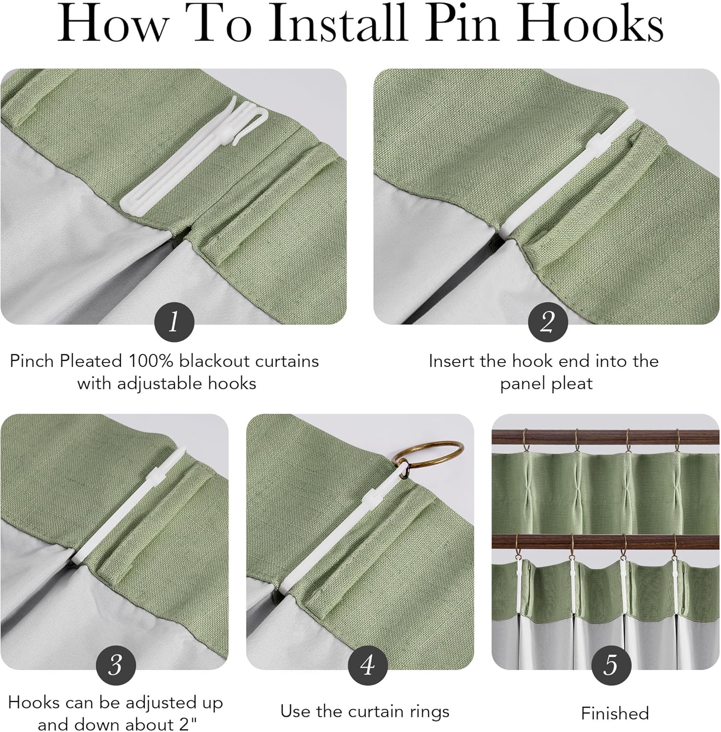 Five-step visual guide for installing adjustable pin hooks on sage green pinch pleated blackout curtains.