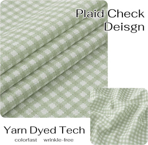 Folded sage green and white plaid check fabric swatch, showing a yarn-dyed, wrinkle-free texture.