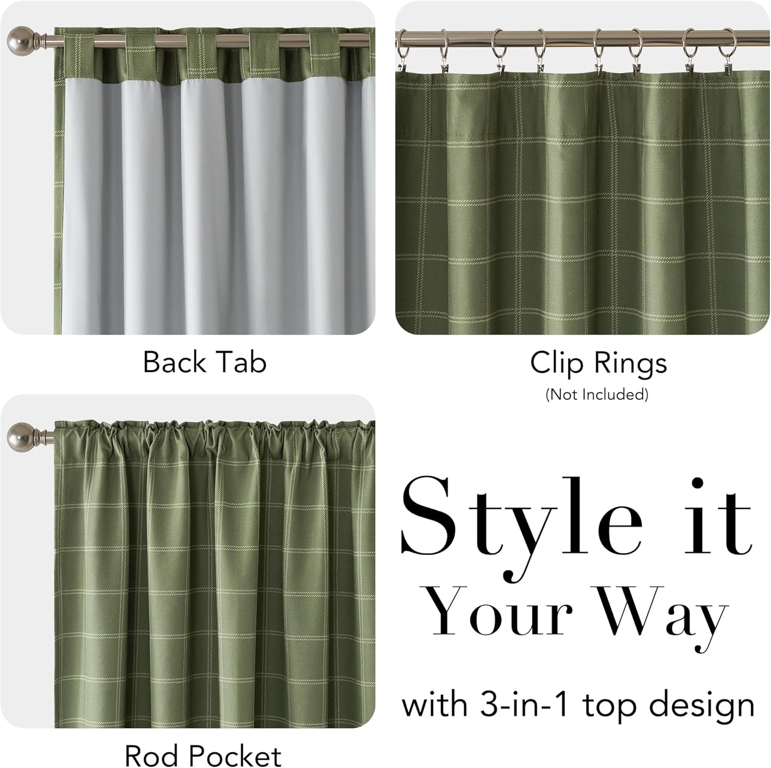 Sage green plaid curtain demonstrating versatile 3-in-1 top design: back tab, rod pocket, and clip rings.