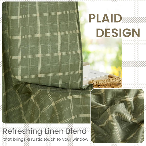 Sage green plaid linen blend curtains with a subtle cream grid pattern, hanging by a window.