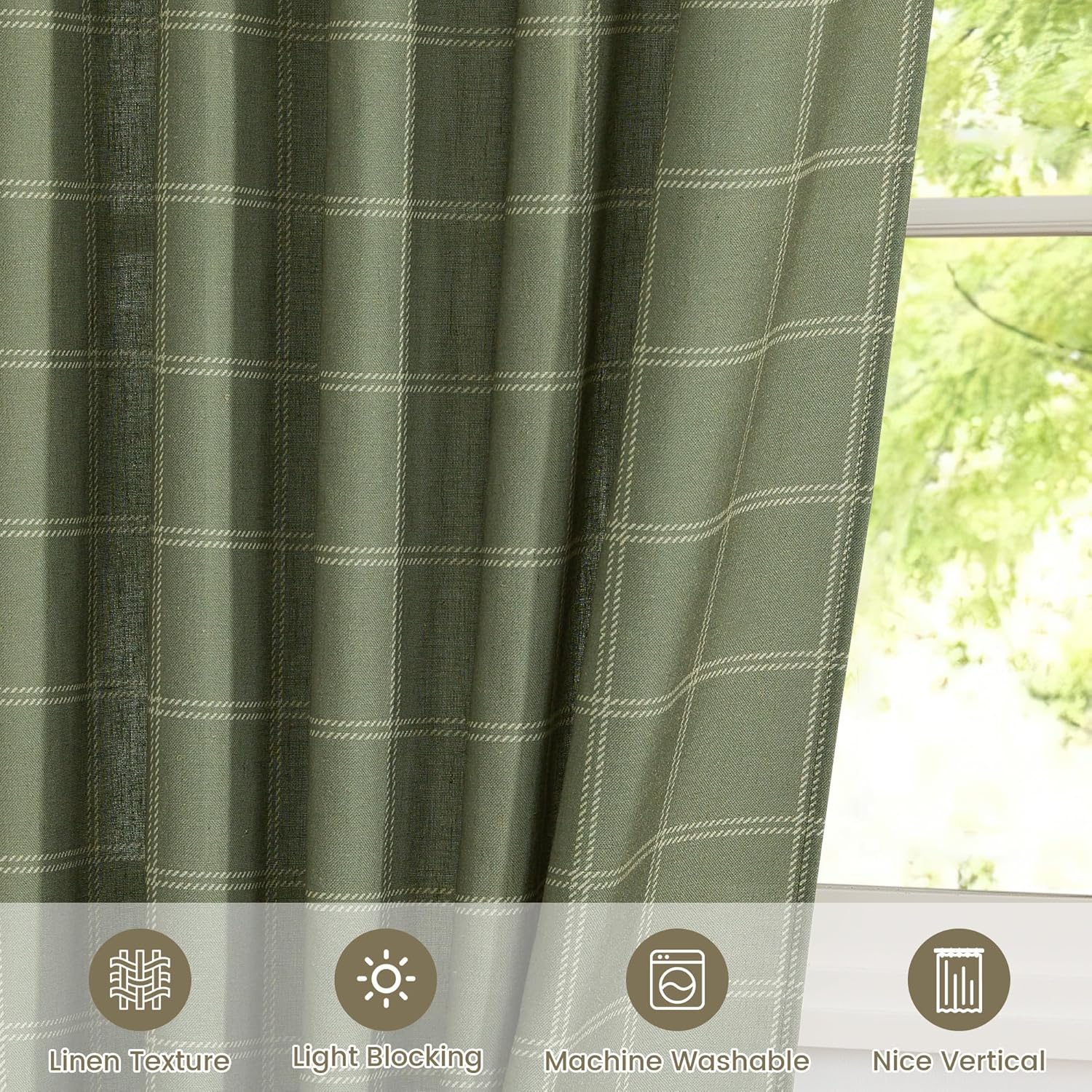 Close-up of a sage green plaid linen-textured curtain panel, showing its dense weave for light blocking.