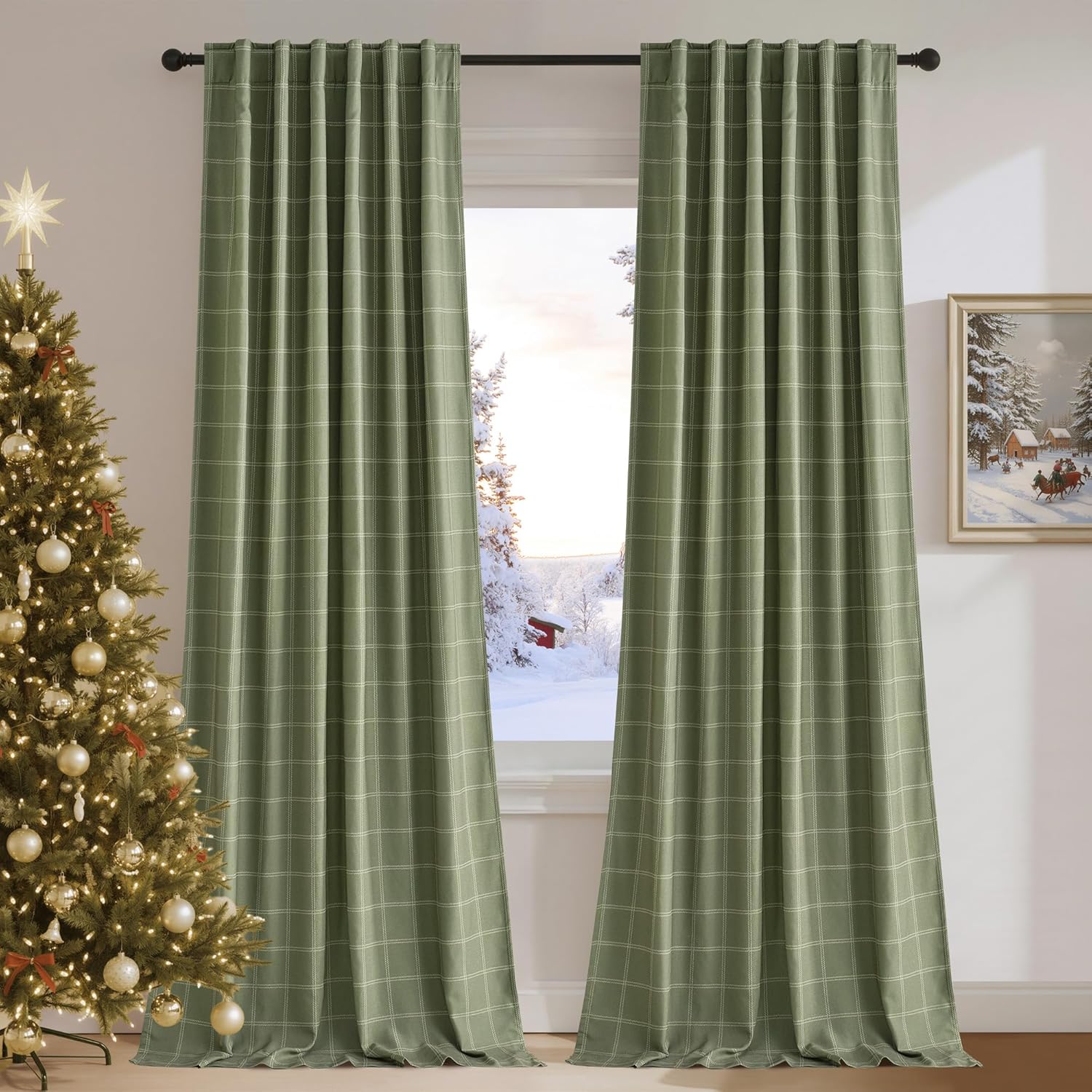 Pair of sage green windowpane plaid curtains with gathered top, hanging beside a Christmas tree.