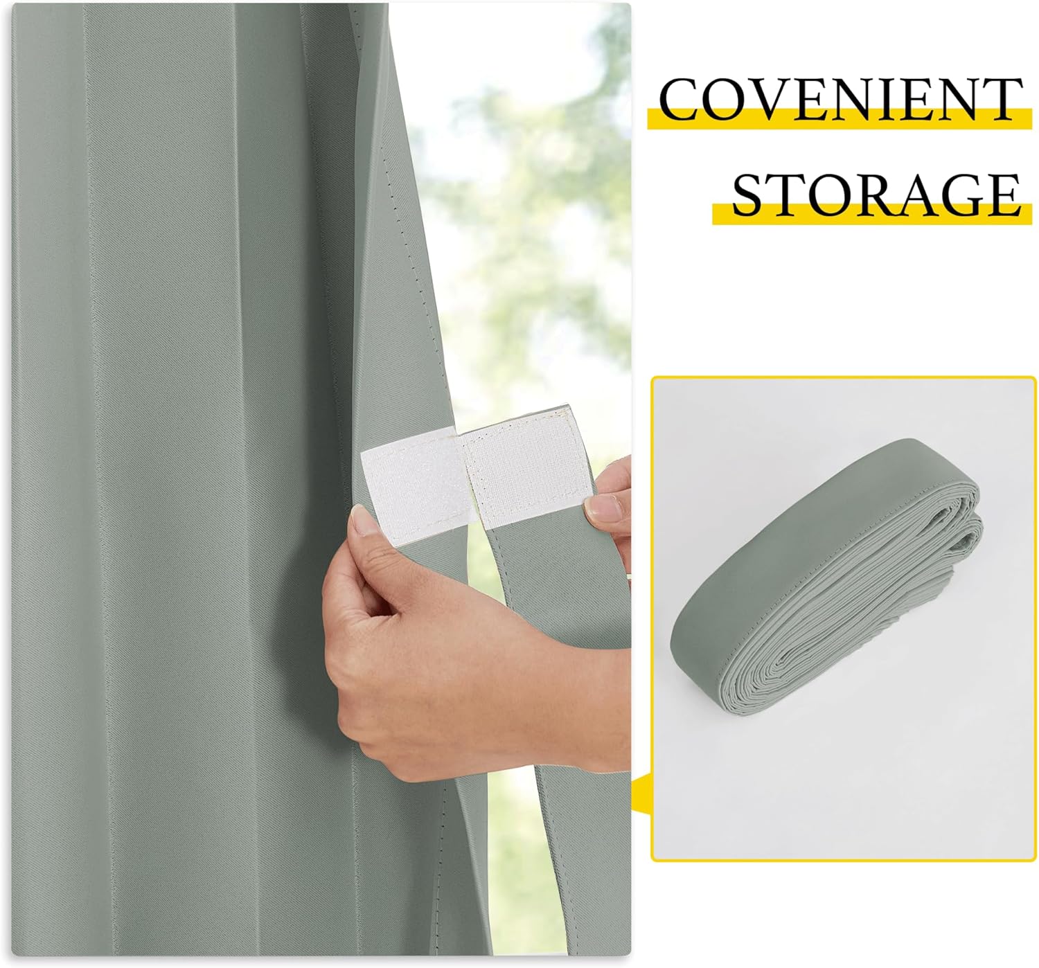 Hand fastening white velcro strap on pleated sage green window blind. Rolled for convenient storage.