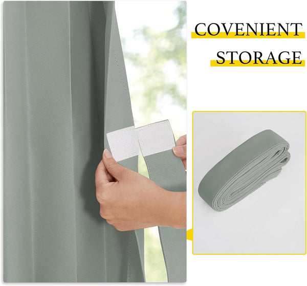 Hand fastening white velcro strap on pleated sage green window blind. Rolled for convenient storage.